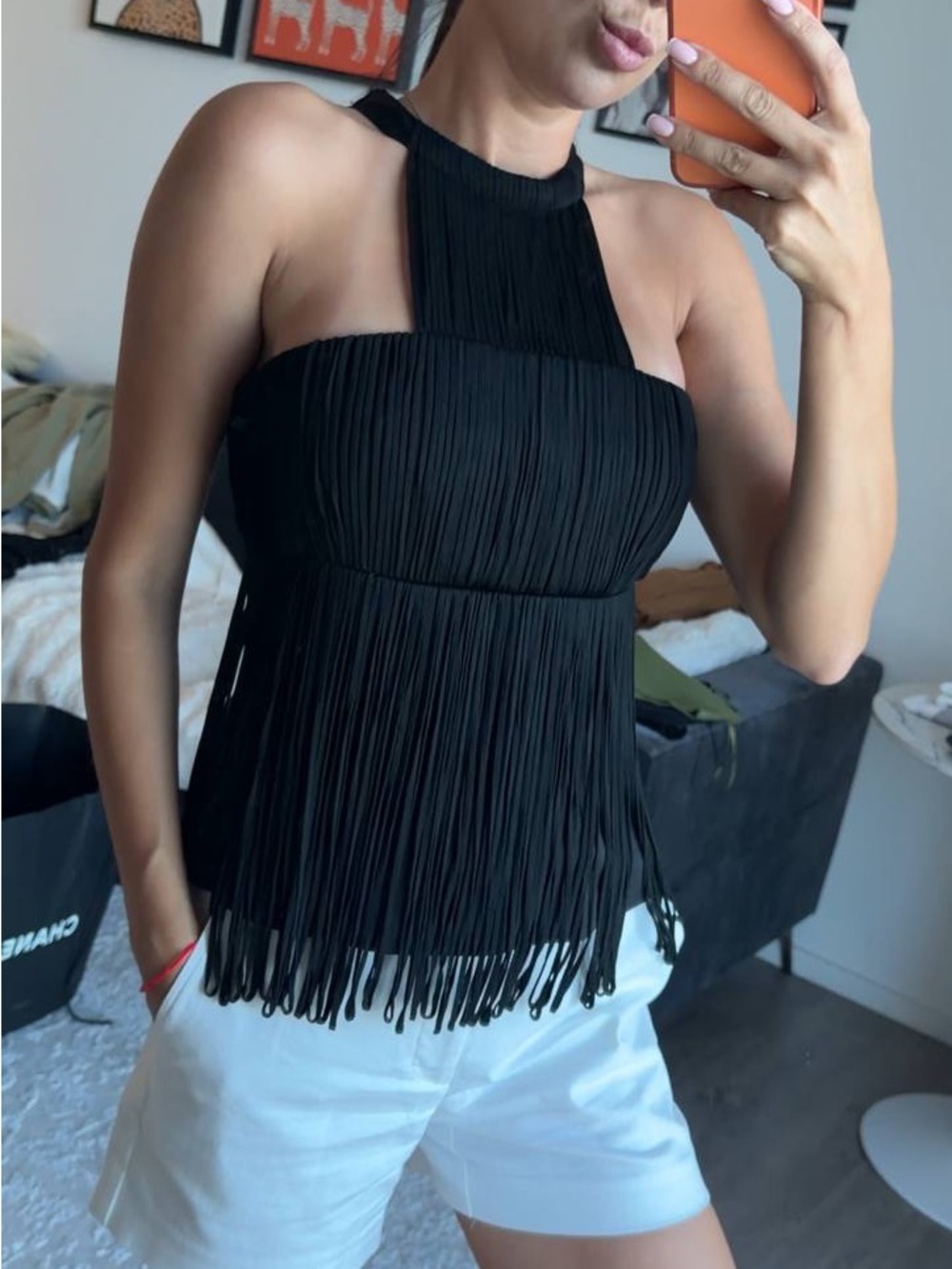 Black Fringe Halter Camisole Top